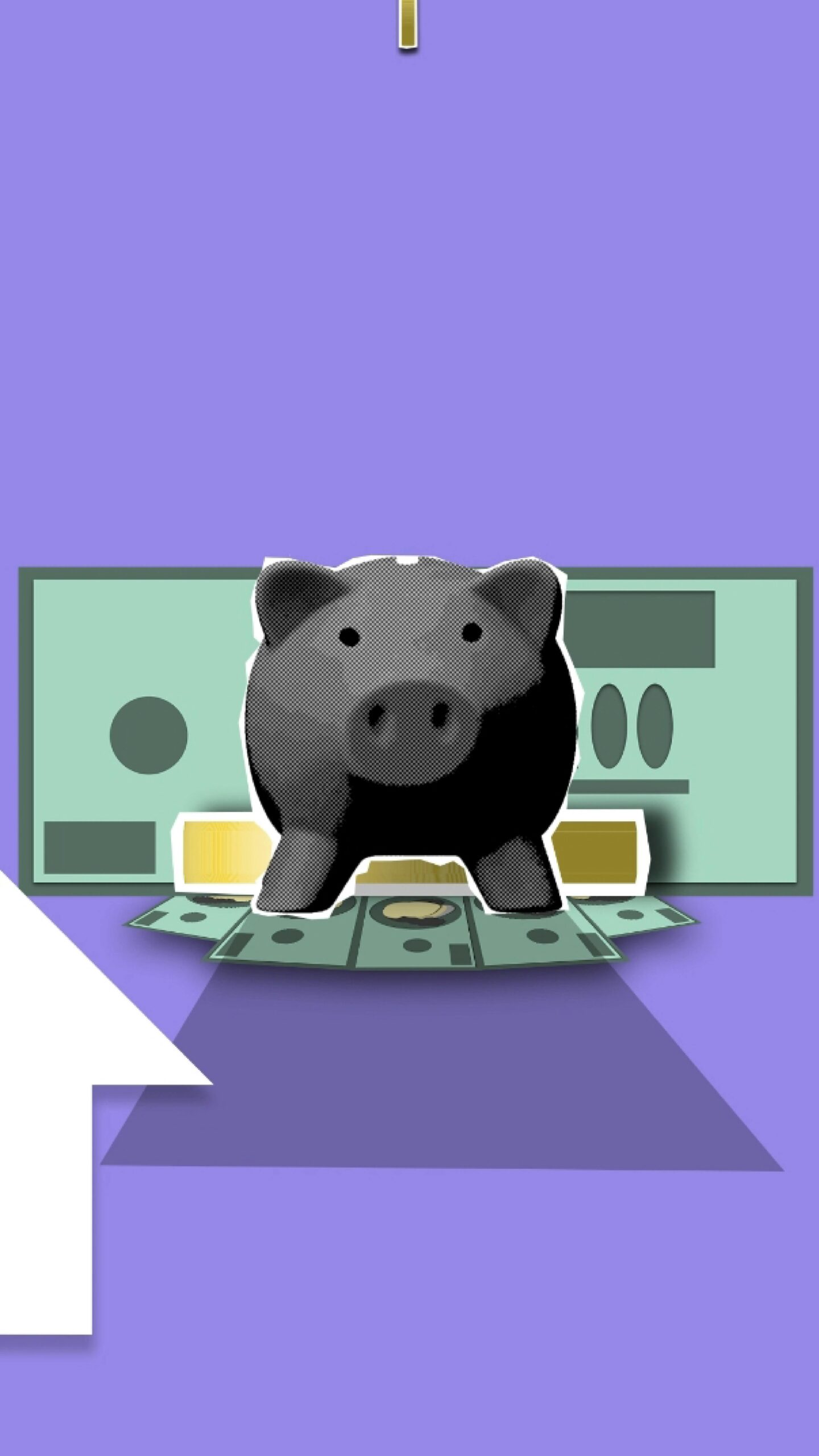 Illustration of a piggy bank with cash symbolizing savings and financial growth on a purple background.